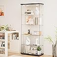 Darget Glass Display Cabinet 5-Shelf with Door, Locking, 12-Color LED Push Lights with Remote Control,5mm Tempered Glass Floor-to-Ceiling Bookcase for Bedroom, Living Room, Black