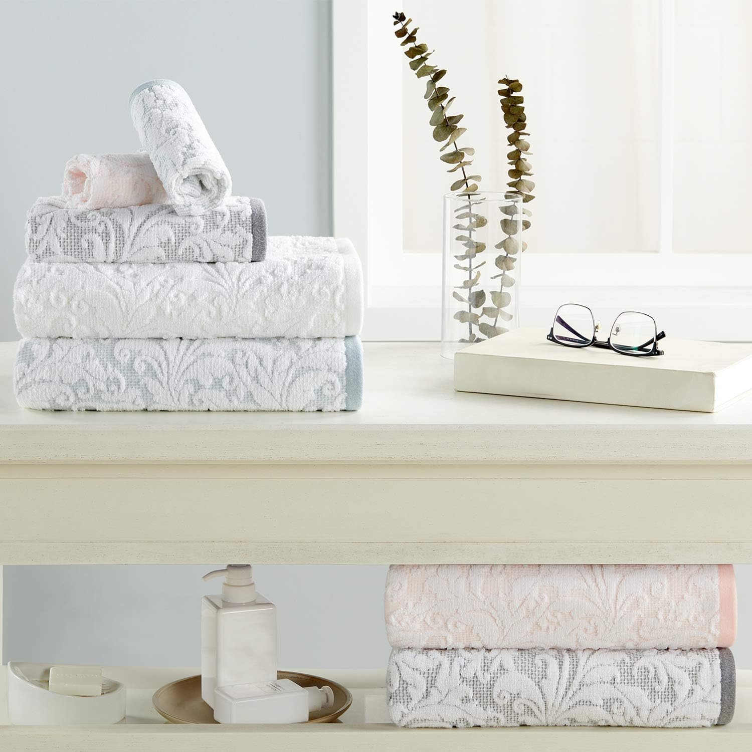 ALFRED SUNG HOME Cotton Decorative Towel Set, 6 Piece Jacquard Set Includes 2 Bath Towels, 2 Hand Towels, 2 Washcloths, Absorbent, Quick Dry, Soft, Patterned Bathroom Towels (Grey/White): Home & Kitchen