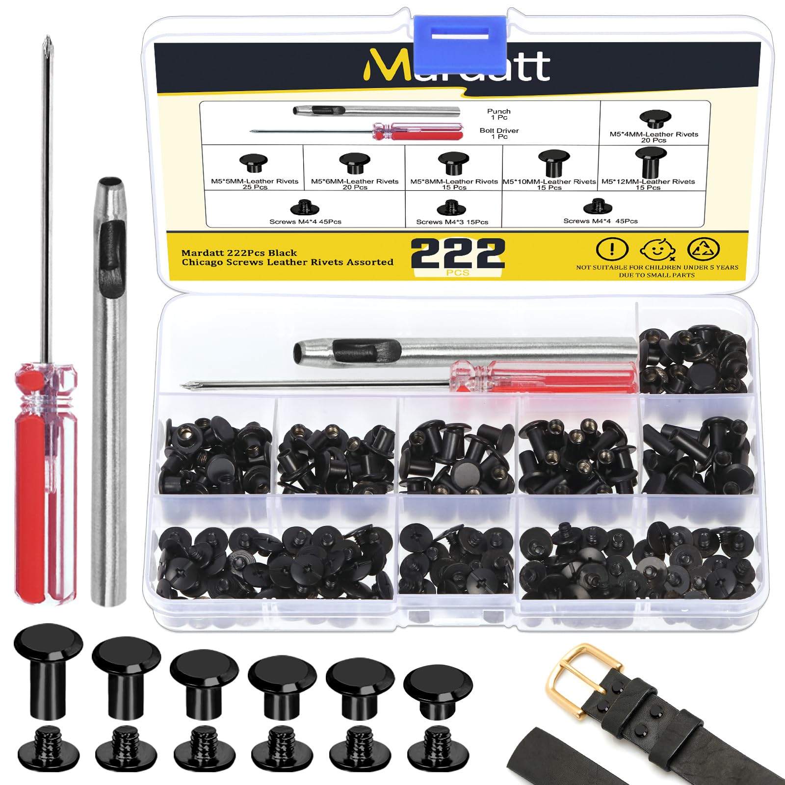 Mardatt 110 Set 6 Sizes Chicago Screws Kit with Setting Tools, M5 X 4/5/6/8/10/12MM Leather Rivets M5 Chicago Binding Screws Rivets for DIY Leather Craft Repair(Black)