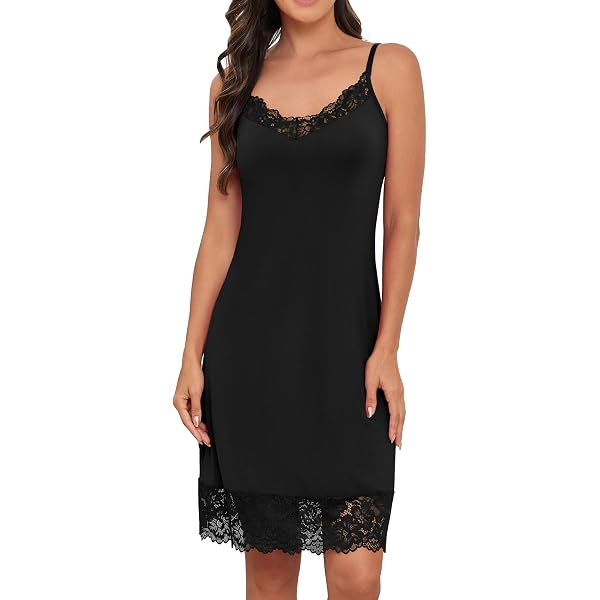 DYLH Lace Slip Dress Full Slip For Women Under Dress Non Cling Long Length  Silky Lingerie V Neck Chemise Stretch Nightgown at Amazon Women's Clothing  store