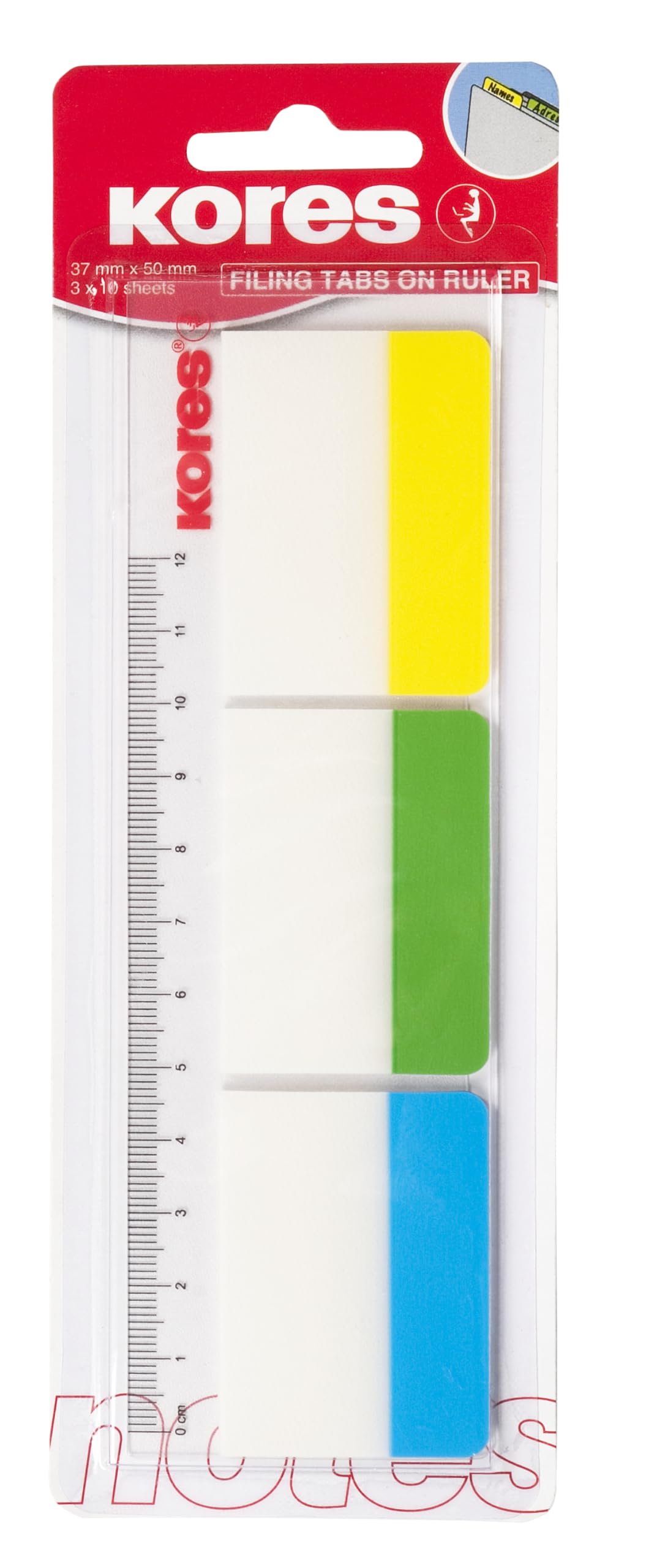 Kores - Transparent Sticky Labels on Ruler - Film Index Tabs, Self-Adhesive Page Markers and Book Tabs - Back to School and Office Supplies - 37 x 50 mm, Set of 3 Assorted Colours x 10 Sheets Each