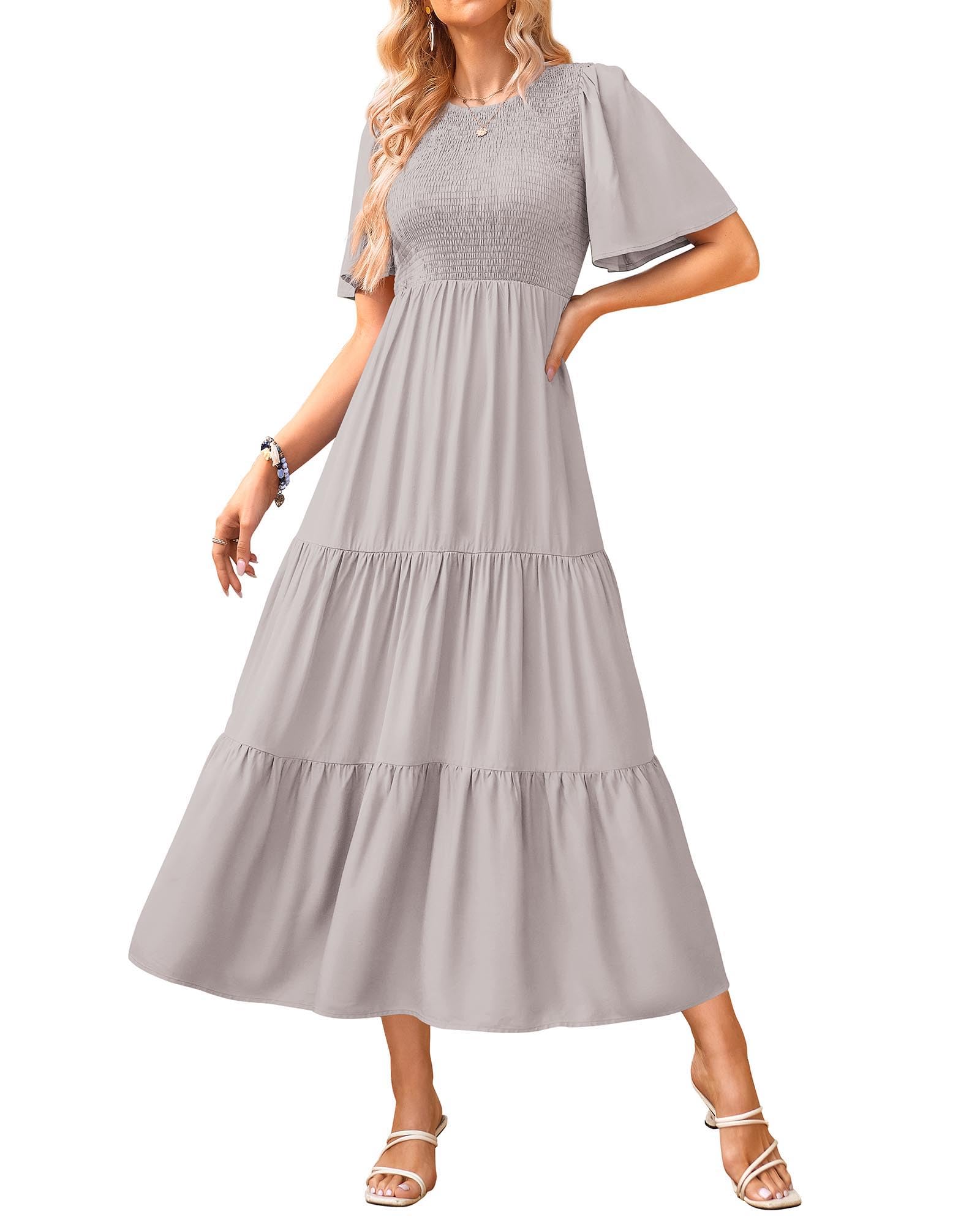 Photo 1 of KIRUNDO Summer Outfits for Women Short Sleeve Flowy Midi Dress Casual Spring Modest Crew Neck A Line Tiered Cocktail Petite Dresses (Small, Light Khaki)