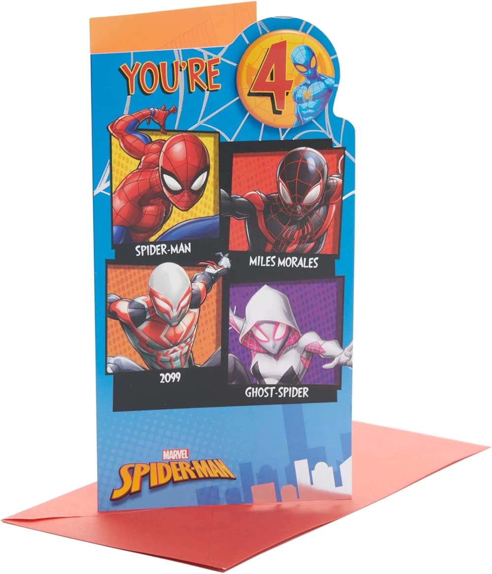 UK Greetings Marvel Spiderman 4th Birthday Card For Boys Badge Envelope