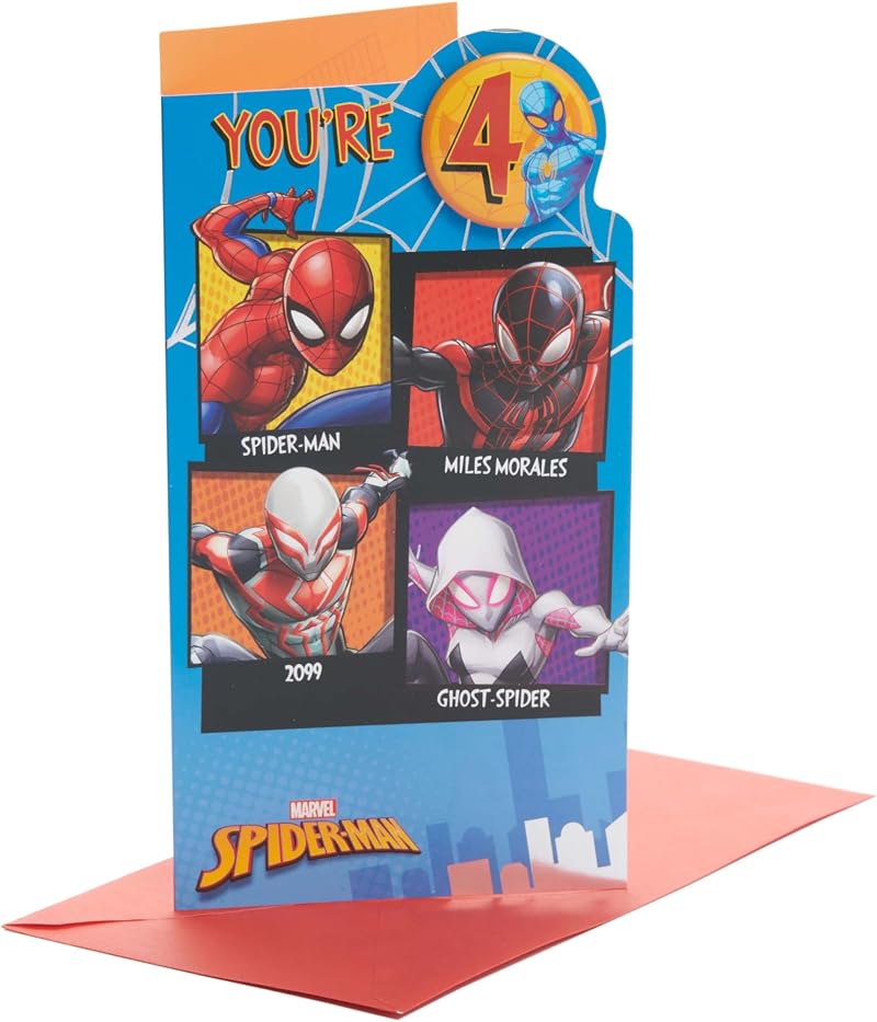 UK Greetings Marvel Spiderman 4th Birthday Card For Boys Badge Envelope