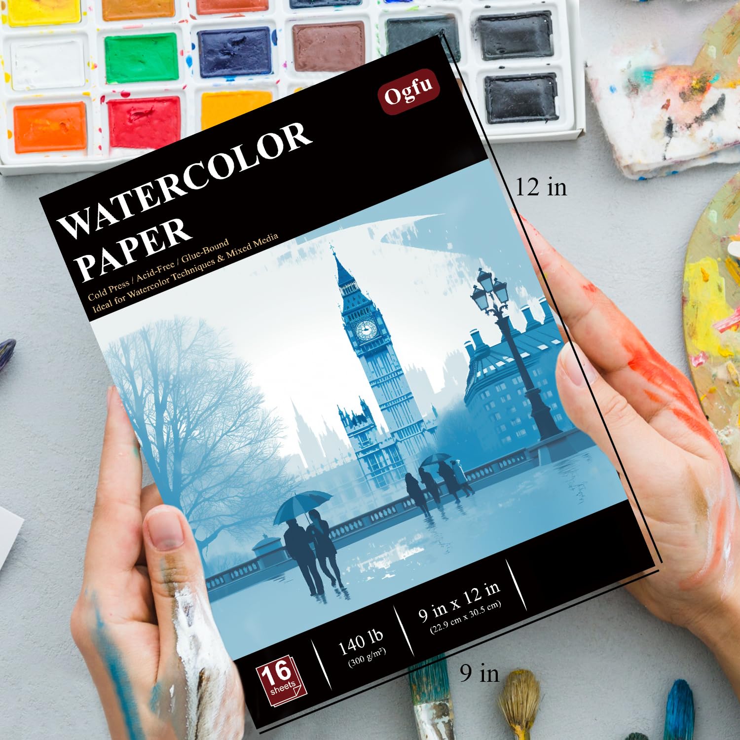 Watercolor Paper Pad, Watercolor Pad 9x12”, 300 GSM/ 140 lb Water Color Paper, 16 Sheets Cold Press - Painting, Drawing & Art Supplies for Adults & Kids, Watercolor Sketchbook for Wet & Dry Media.