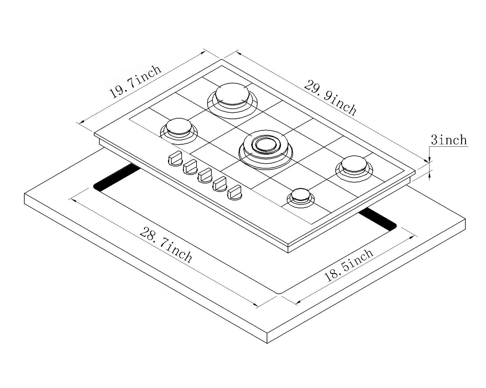 Hotfield 30 Inch Gas Cooktop Stainless Steel 5 Burners Stovetop Dual Fuel Gas Hob NG/LPG Convertible Gas Cooktop HF57042 Stainless Steel