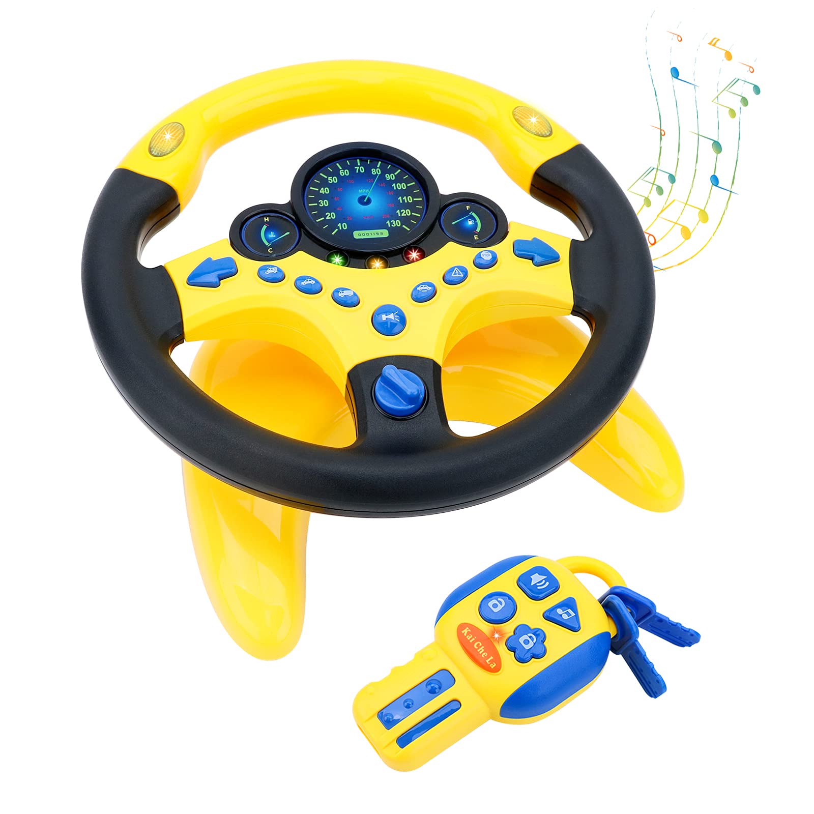 deAO Kids Car Backseat Pretend Simulated Driving Steering Wheel Toy with Light and Music, Music Early Education Pretend Play Toys for Boys and Girls (Yellow)