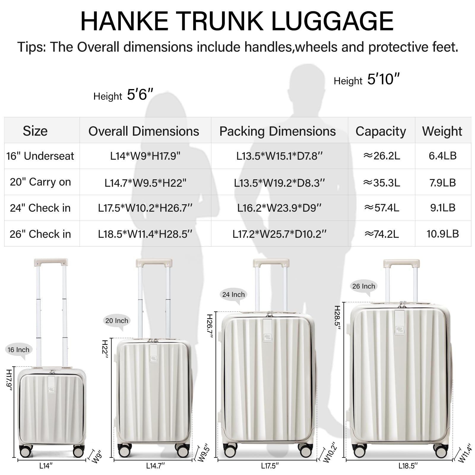 Hanke 20 Inch Carry On Luggage with Wheels PC Hard Shell Suitcase Top Opening Aluminum Frame Travel Luggage Suitcases for Woman Men Gifts.(Ivory White)