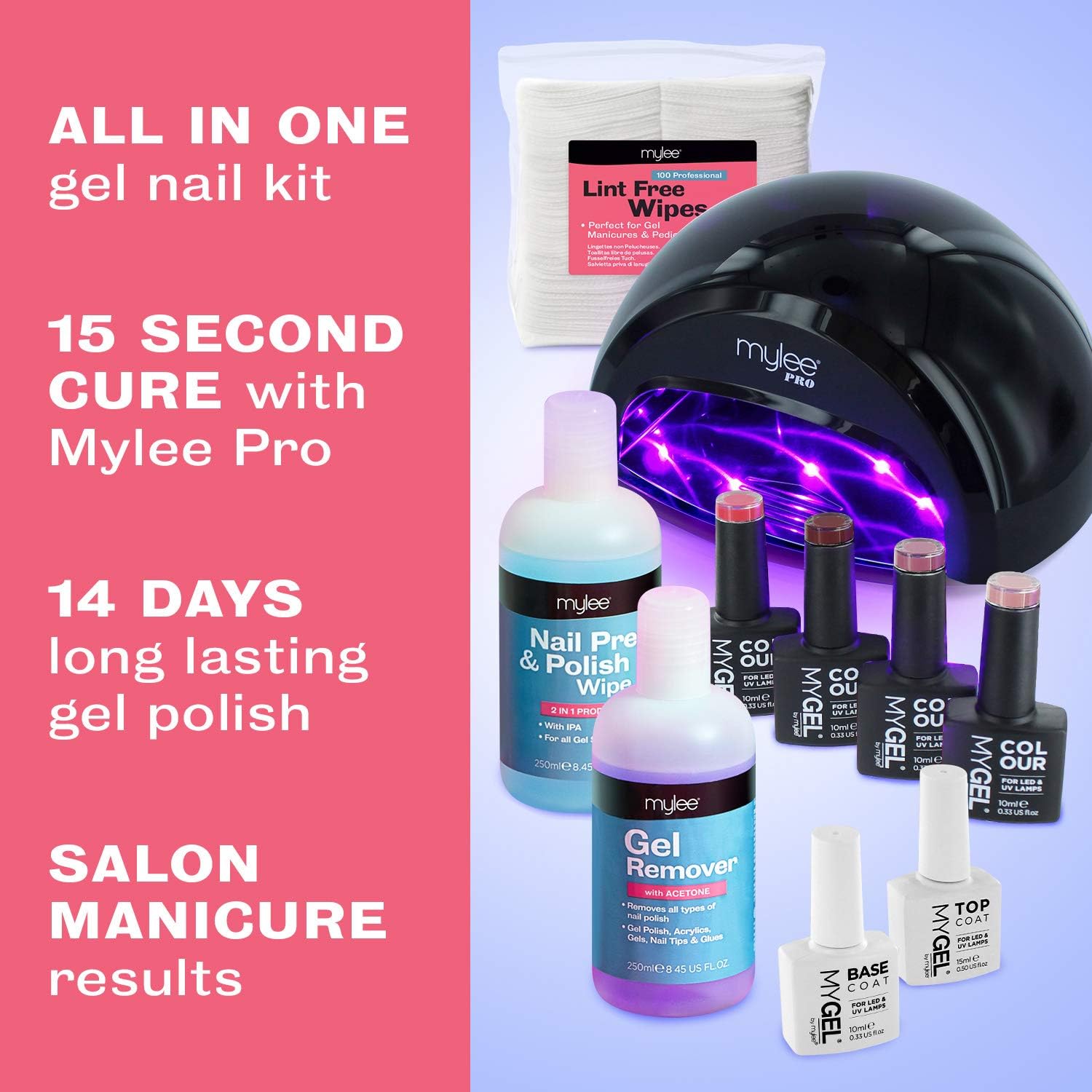 Mylee Complete Professional Gel Nail Polish LED Lamp Kit, 4x Colours, Top & Base Coat - Image 3