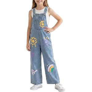 SCBEBE Girls Denim Overalls Kids Sleeveless Wide Leg Jumpsuit with Pockets