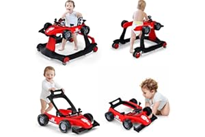 HONEY JOY 4-in-1 Baby Walker, Activity Push Walker w/3 Adjustable Heights, Smooth Wheels w/Adjustable Speed, Padded Seat, Music & Light, Foldable Car Walker for Baby Boys Girls Age 6 Months+ (Red)