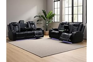 Anthato Leather Power Recliner Sofa Set, Living Room Furniture Sets, 2 Piece Reclining Sofa Set with LED, Black Recliner Furniture with Arm Storage/Cup Holders/Charging Ports for Home Theater/Office