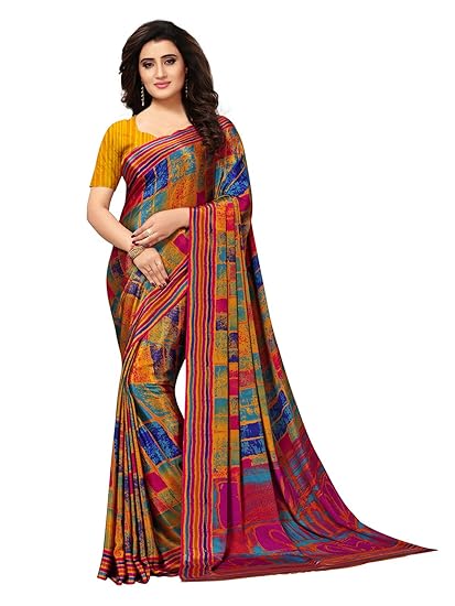 KANCHNAR Womens Crepe Saree With Blouse Piece (758S151_Multicolored)