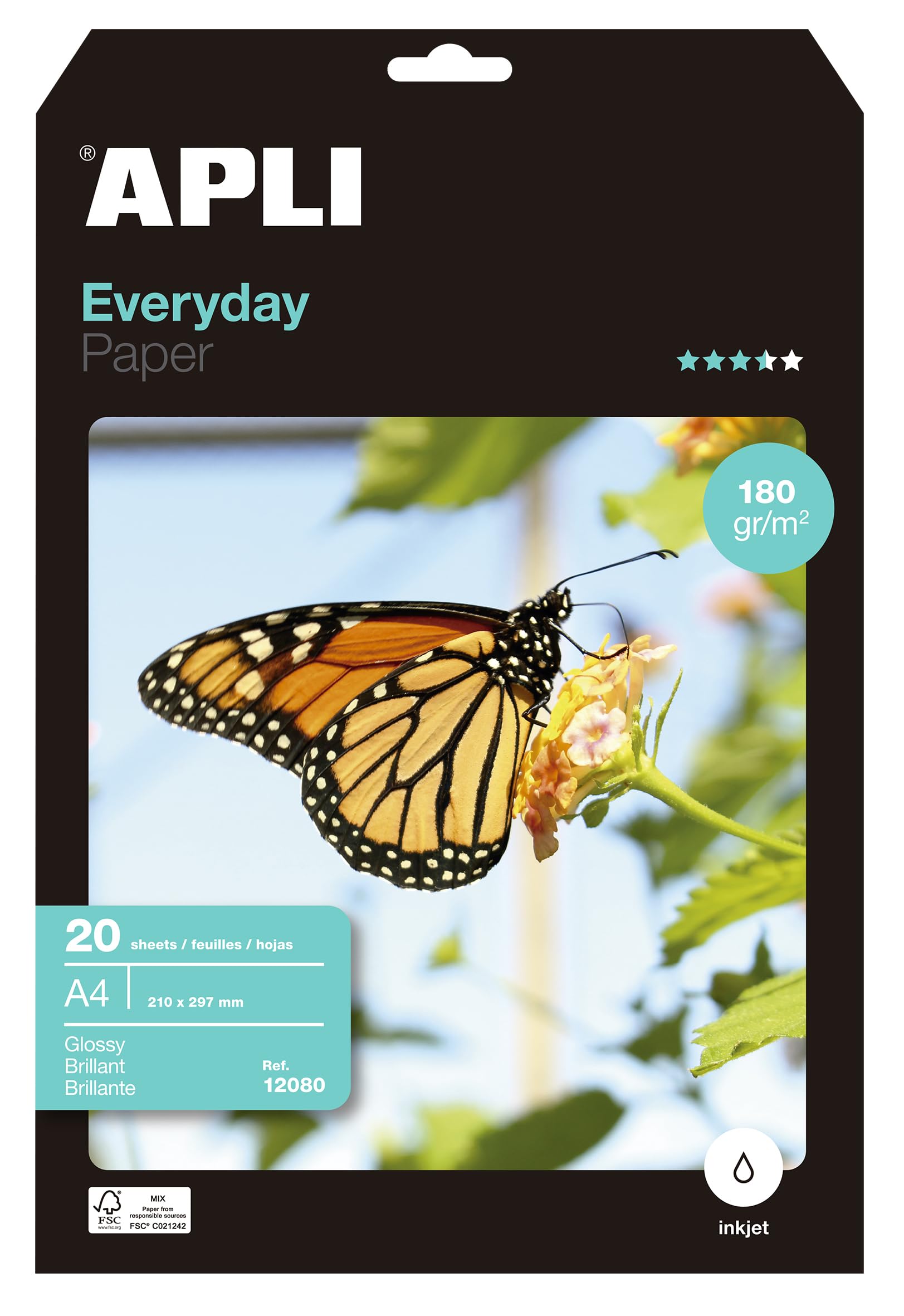 APLI 12080 – Photo Paper Everyday A4, Pack of 20 Sheets, 180 g, Glossy Finish, Suitable for Inkjet Printers