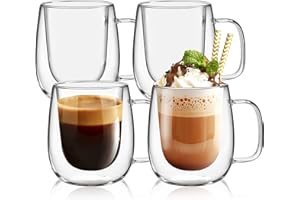 Yopinmall 12OZ Glass Coffee Mug Set of 4 - Double Walled Mugs with Large Handle Iced/Hot Insulated Glasses Cup for Espresso L