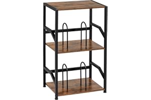 LOAKEKEL Record Player Stand, Vinyl Record Storage Up to 200 Albums, 3 Tier End Table with Removable Dividers, Tall Side Table for Living Room, Bedroom, Rustic Brown, HETCD010BR-1