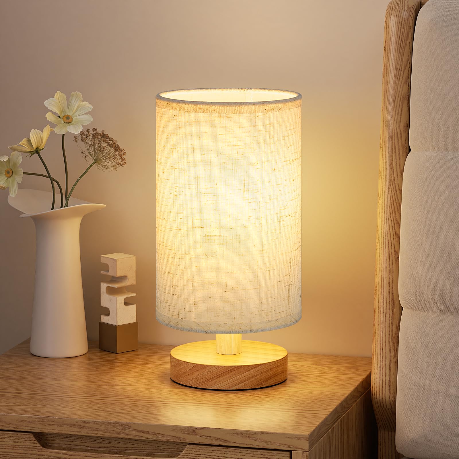 Fenmzee 8.5" Small Table Lamp for Bedroom - Inline Switch Bedside Lamp | Light Beige Shade & Wood Base | E26 | Minimalist Des