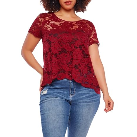 Damen Tops Plus Size Blusen Frauen Sexy Floral Lace Solide Crop Top Kurzarm Rückenfreies Hemd Plus Größe Spitze Shirt