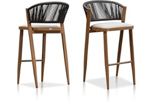 PURPLE LEAF Two Pack Bar Stools Patio Bar Stools with Back Aluminum Bar Height Stools Wicker Brown Barstools, Mix Gray Cushion