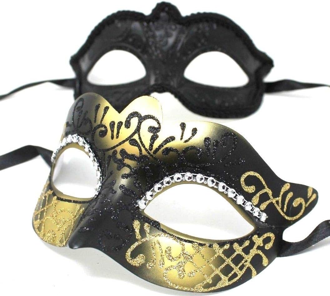 HIS N HERS PAIR OF CO-ORDINATED GOLD & BLACK COUPLES VENETIAN MASQUERADE CARNIVAL PARTY BALL EYE MASKS, Gold Black, 8cm deep - Image 3