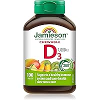 Jamieson Chewable Vitamin D3 1,000 IU Exotic Tropical Fruit Flavour, Supports Immune Health, Strong Bones and Teeth. Vegetari
