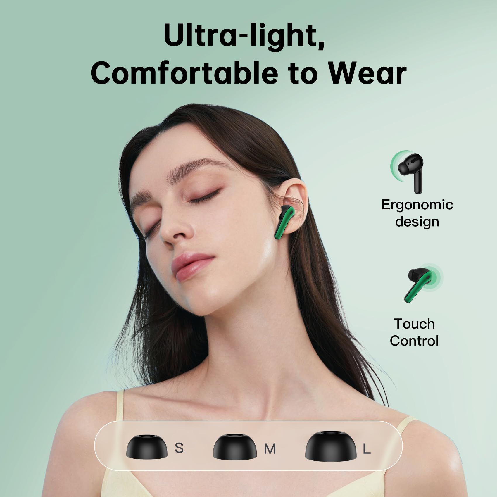 Wireless Earbuds Bluetooth 5.4 Headphones 60H Playtime Bass Stereo Ear Buds with Noise Cancelling Mic LED Display Earbud & in Ear Earphones IP7 Waterproof for Laptop Pad Phones Sports Workout Green M - Image 3