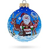 Santa and Reindeer Festive Glass Ball Christmas Ornament 3.25 Inches