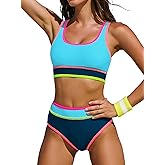 popvil Womens High Waisted Bikini Sets 2026 Neon Two Piece Swimsuit for Women Sporty Crisscross Back Bathing Suit