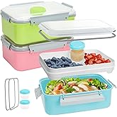 3 Pack Salad Lunch Box Food Storage Containers, 47oz Bento Box To Go Container with Lids, Meal Prep Containers with Removable Tray & Dressing Pots for Kids and Adults, Reusable and Microwavable
