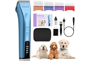 SODAER Professional Animal Pet Dog Cat and Horse Cordless Hair Clipper Grooming Kit with 5 in 1 Blade Low Noise & High Power Rechargeable Cordless Pet Grooming Clipper for for Thick Heavy Coats (Blue)