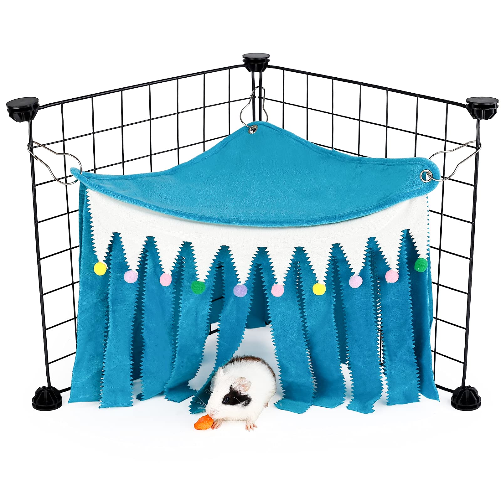 ONEJU Guinea Pig Hideout - Guinea Pig Corner Hideout, Three-sided Fringes, Triangle Top and Washable Hides, Suitable Hides for Rabbit and other Small Pets, No Metal Fences, Blue — image 1