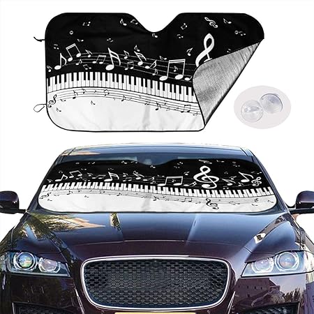 Amazon 音楽 音符柄 ピアノキー柄 五線譜柄 白と黒 カーフロントカバー 車用 サンシェード ガラスカバー 遮光 断熱 強力断熱 Uvカット 暑さ対策 折りたたみ カーサンシェード 簡単着脱 丈夫で長持ち 軽 普通車用700x1300mm 吸盤4個入 かわいい 車 バイク 車 バイク