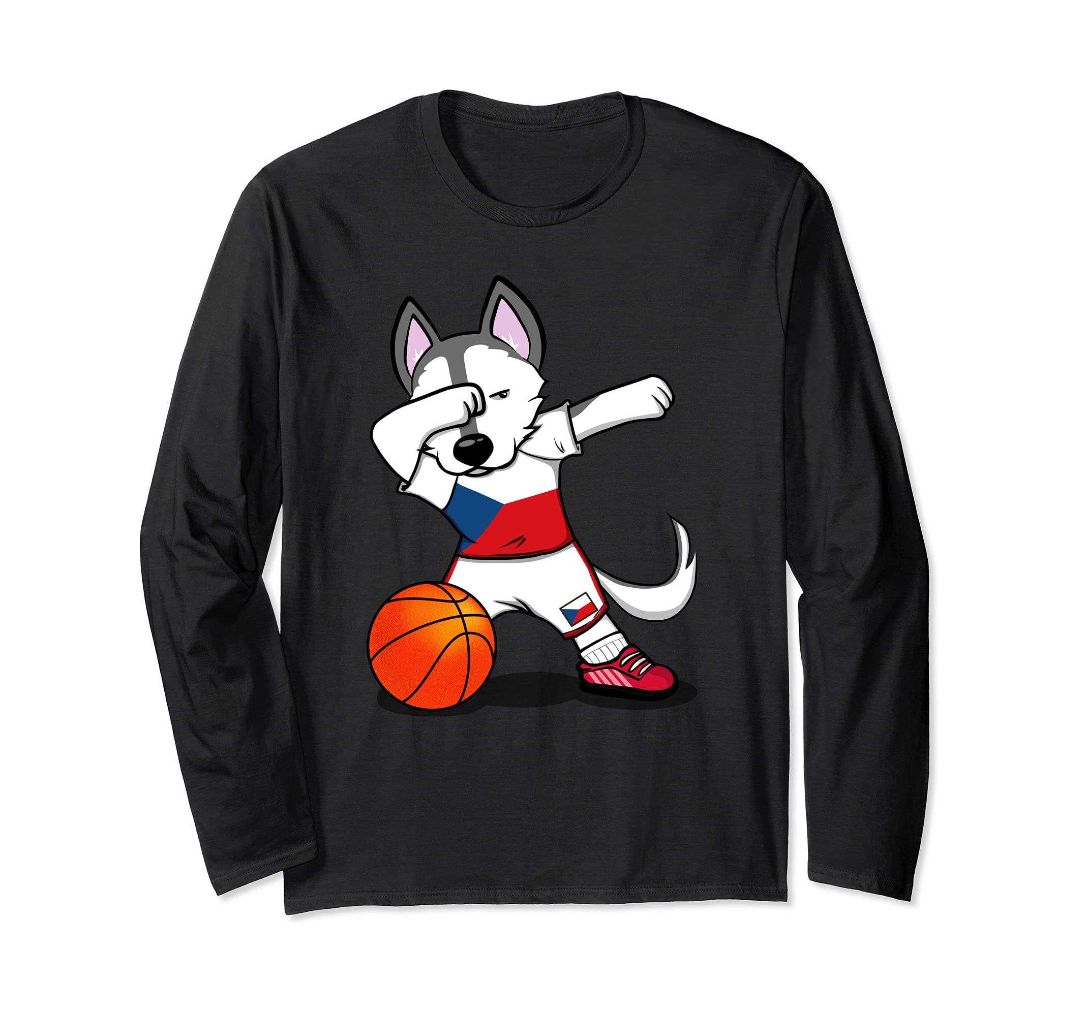 Dabbing Husky Dog Czech Republic Basketball Fans Jersey Flag Long Sleeve T-Shirt