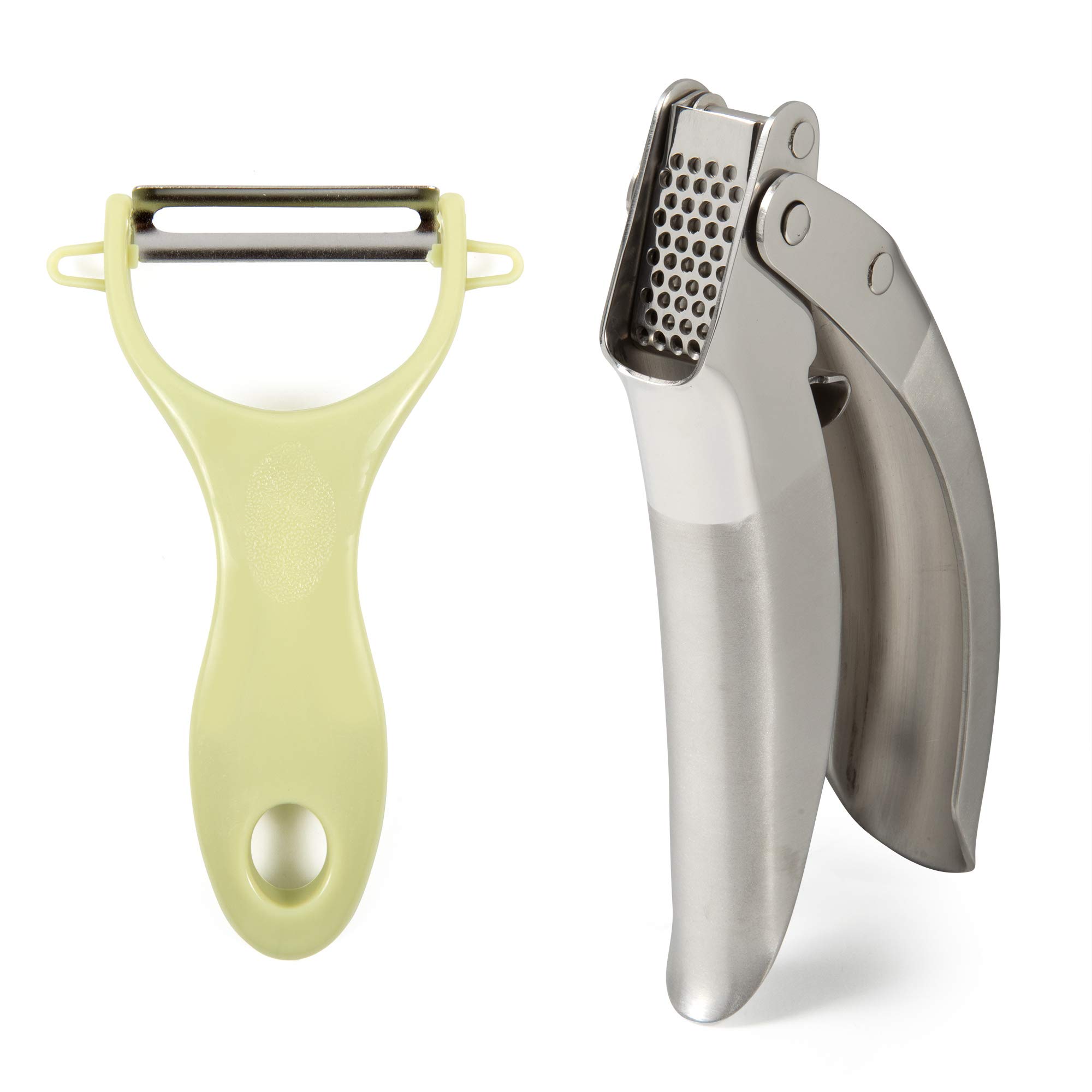 FVLFIL Archmum Garlic Press Stainless Steel 18cm Professional | Epicurean Garlic Mincer Tool | Comes with Vegetable Peeler | Dishwasher Safe, Easy Clean & Rust Proof Ginger Presser and Garlic Crusher