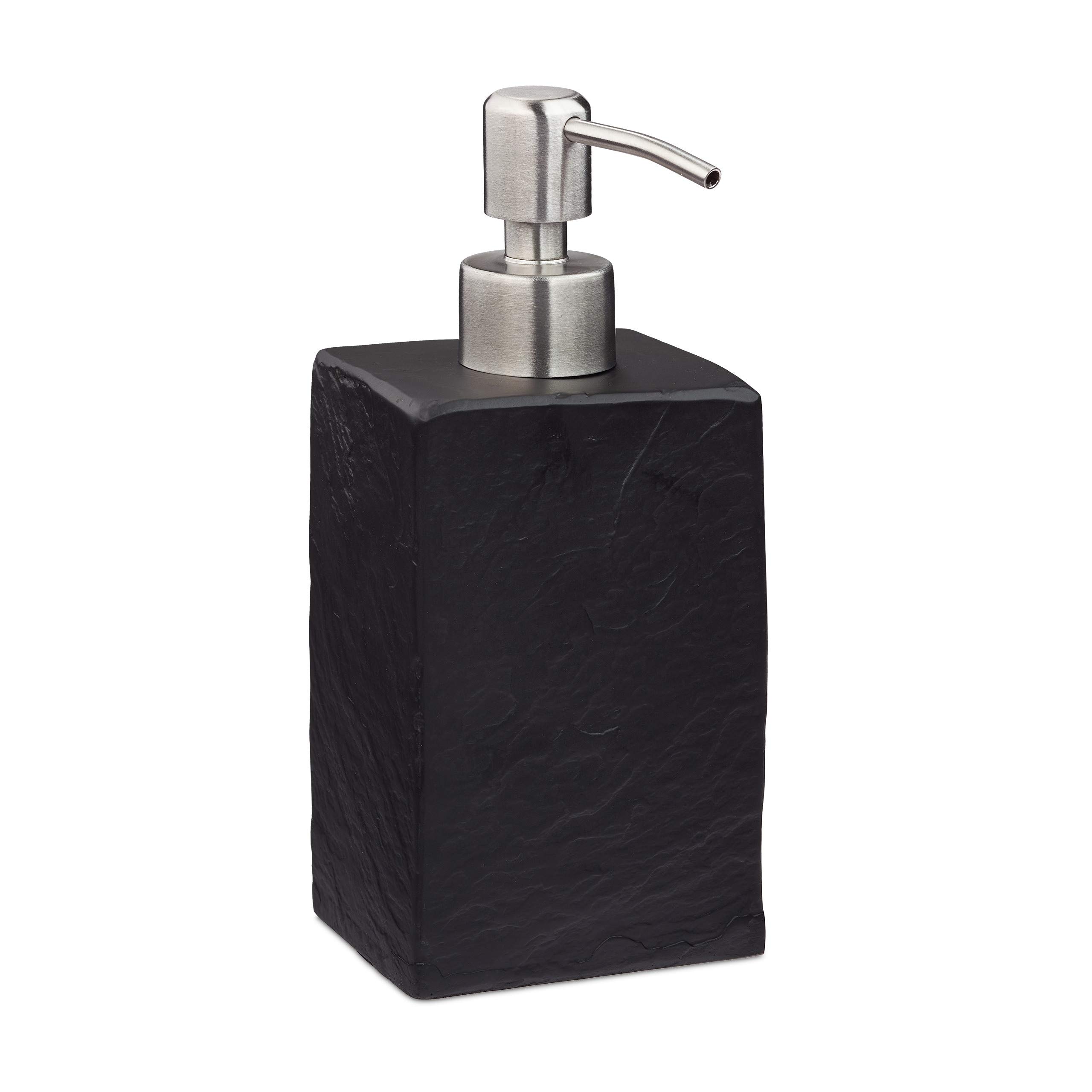 Relaxdays Soap Dispenser, 200 ml, Refillable, Bathroom, for Liquids & Lotions, Polyresin, Stainless Steel Pump, Black