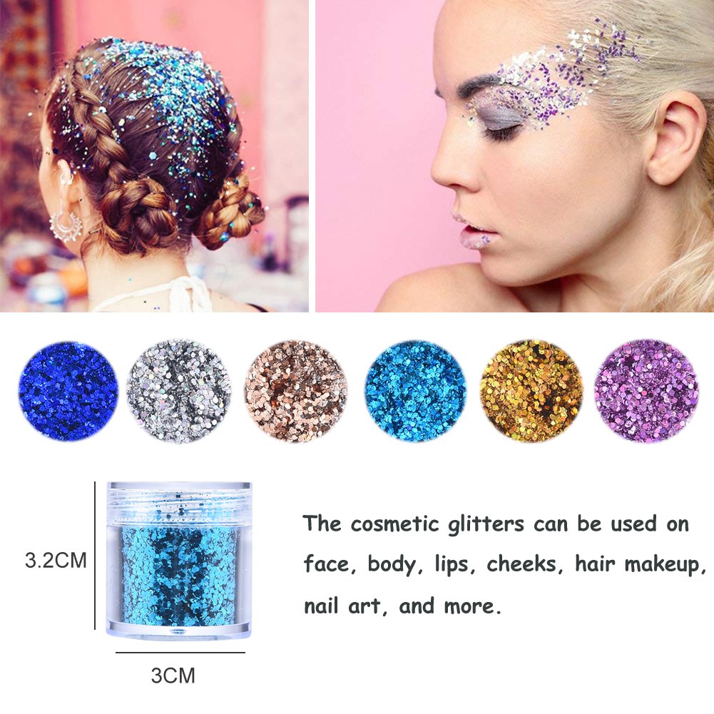 6 Colour Face Glitter - Chunky Glitter - Festival Glitter Cosmetic Face Body Cheeks Hair Nails Art Sparkling Decoration Glitter for Music Festival Wedding Party Masquerade Christmas
