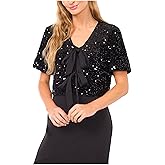 CeCe Womens Velvet Sequin Short Sleeve Bow Front Top
