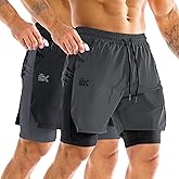BROKIG Men's Dual-Layer Gym Shorts, Lightweight Quick Dry Running Bodybuilding 7'' Fitted Workout Short Lined-Zip Pocket