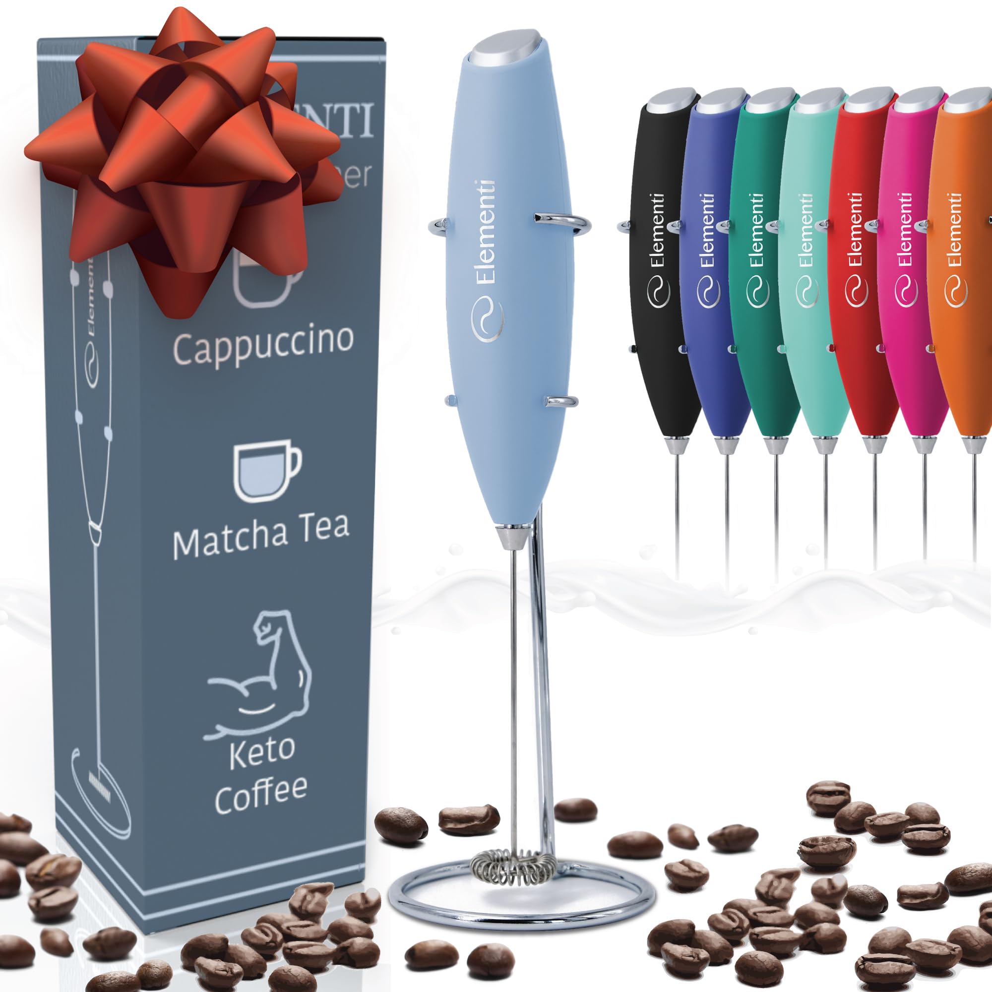 Photo 1 of Elementi Electric Milk Frother Handheld - Create Creamy Coffee, Delicious Matcha and Perfect Drinks - Compact Whisk & Mixer with Stand - Light Blue