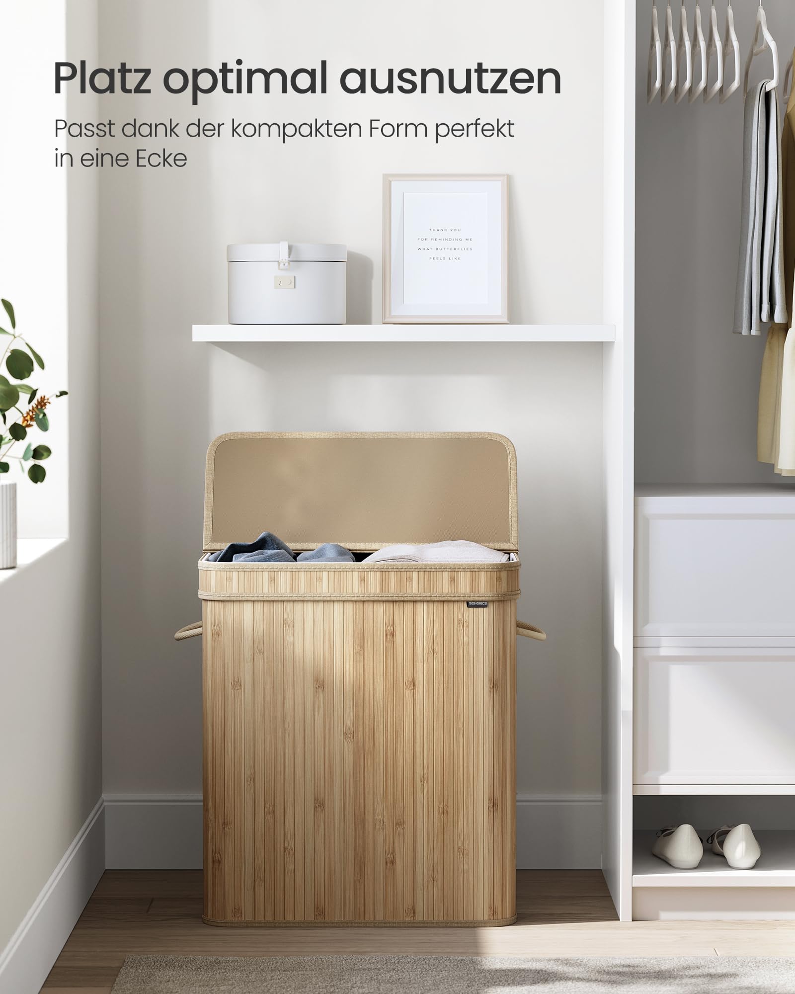 SONGMICS Wäschekorb mit Deckel, Wäschesammler Bambus, Wäschesack herausnehmbar und maschinenwaschbar, mit Griffen, 100 Liter, für Waschküche, Schlafzimmer, Wohnzimmer, naturbeige LCB063N01 8