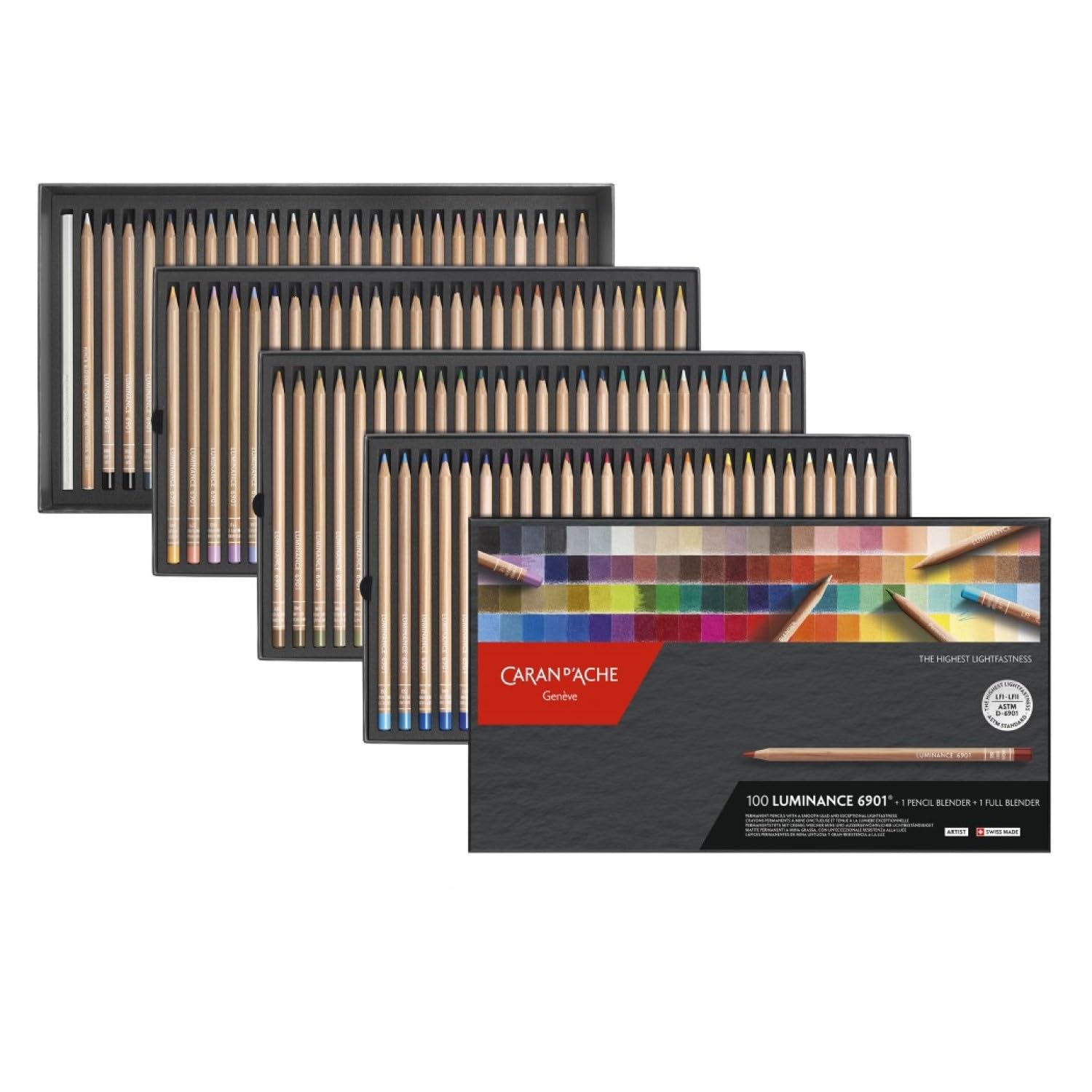 Caran d'Ache Luminance 6901 Box of 100 Individual Coloured, Artists, Colour Coded Pencils & 1 Full & 1 Pencil Blender