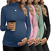 Sweetyweee 4 Pack Women's Maternity Shirts, Turtleneck Long Sleeve Pregnancy Tee Tops Side Ruched Mock Neck Maternity Clothes(Black, Gray Green, Light Pink, Haze Blue,Large)