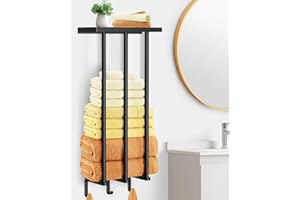 Kayfia Towel Storage, Towel Racks for Bathroom Wall Mounted with Metal Shelf & 3 Hooks, Upgrade 3 Bars Towel Holder for Rolled or Folded Towel, Large Capacity Tool Storage for Small Bathroom, Black