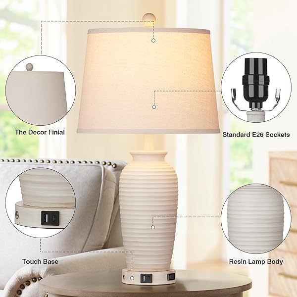 CINSARY 24.3″ FARMHOUSE JAR TABLE LAMPS SET OF 2, 3 WAY TOUCH CONTROL RUSTIC BEDSIDE LAMPS WITH USB A+C PORTS & AC OUTLET, POT NIGHTSTAND LAMPS FOR BEDROOM LIVING ROOM (LED BULBS INCLUDED)