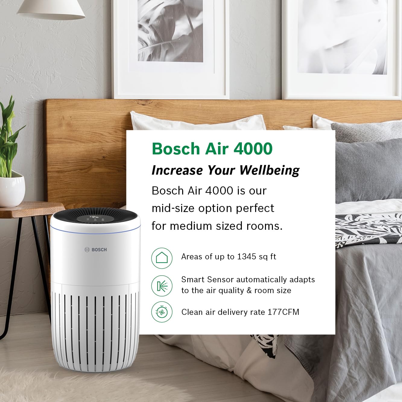 BOSCH Air Purifier for Home (Covers, 1345-sq ft), 3-in-1 Filter for Pollen, Viruses, Smoke, Dust, Dander, Outdoor Pollution, Odors, HEPA, ENERGY STAR, Air 4000, White