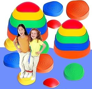 EDRLAITY 10 Pcs Stepping Stones for Kids, Balance Stepping Stones Obstacle Course, Indoor & Outdoor Play Toy Helps Build Coordination & Strength, Non-Slip Textured Surface and Rubber Edging