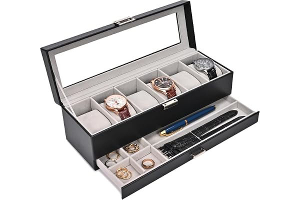 ProCase Watch Box for Men, 2-Layer Watch Display Case with Drawer, Mens Watch Case Jewelry Organizer With Glass Lid, Father D