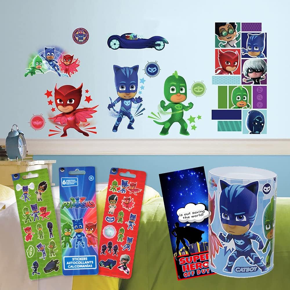 RoomMates PJ Masks Room Decor Bundle ~ 13 PJ Masks Wall Decals Featuring Catboy, Gekko, and Owlette with PJ Masks Savings Tin and Stickers (PJ Masks Decals)