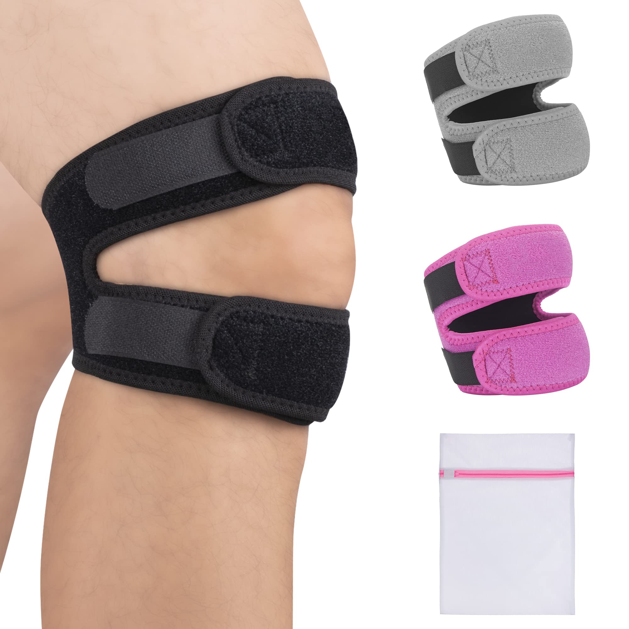 360 RELIEF - Patella Knee Support Double Strap Brace | Compression for Stability and Performance | Black for Men and Women with Mesh Laundry Bag