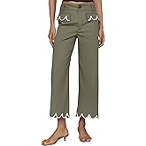 ACCPUR Women's Scalloped Wide Leg Pants Casual High Waisted Button Down Loose Fit Cropped Hem Trousers with Pockets